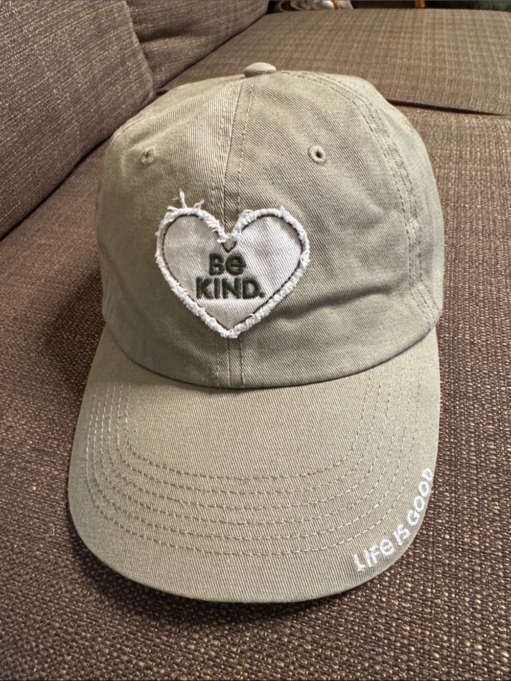 Life is Good Be Kind Heart Chill Cap Khaki Green Adjustable Hat OS